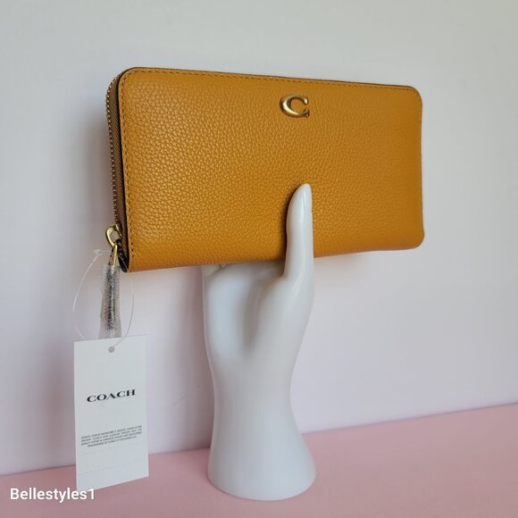 COACH Pebble Leather Zip-Around Accordion Wallet with Back-Slip Pocket-Buttercup - Picture 2 of 16